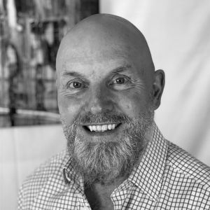 Nigel Cooke, black and white photograph of the artist