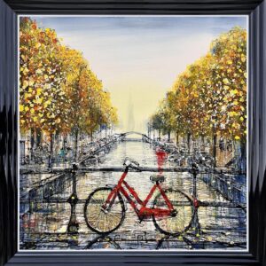 Nigel Cooke, a red bicycle by one of Amsterdam's famous canals