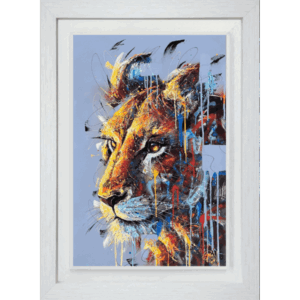 Joe Galindo, magnificent lioness depicted in vibrant, colourful detail.