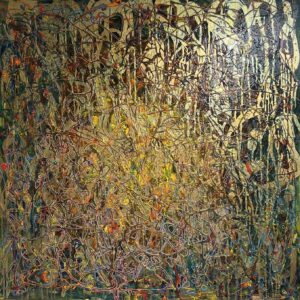 Golden Era, abstract art using layers or green, blue and orange wiht a top layer of gold.