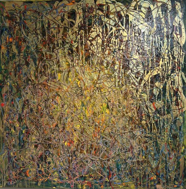 Golden Era, abstract art using layers or green, blue and orange wiht a top layer of gold.