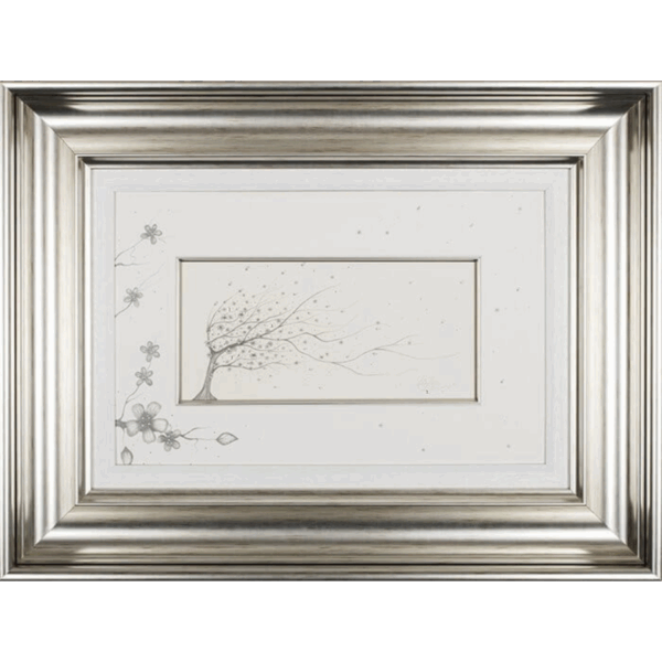 Pencil sketch showing a tree gentle blowing in the wind. The art continues off the page and onto the mount.