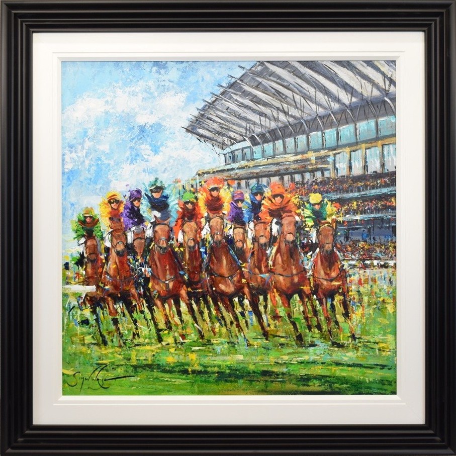 Where Legends Run by Simon Wright. Original acrylic on board showing horses racing at Ascot racecourse