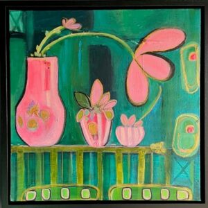 In the pink by Jasmine Rosten-Edwards. A contemporary still life piece with a green background and pink vases and flowers