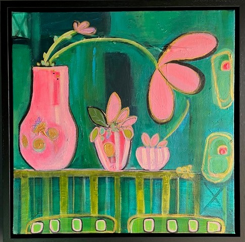 In the pink by Jasmine Rosten-Edwards. A contemporary still life piece with a green background and pink vases and flowers