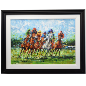 The Charge at Ascot by Simon Wright. Acrylic on board showing a group of horses racing on the track at Ascot racecourse