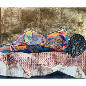 Sunna by Nicky Chubb. Mixed media figurative artwork with collage and gold background