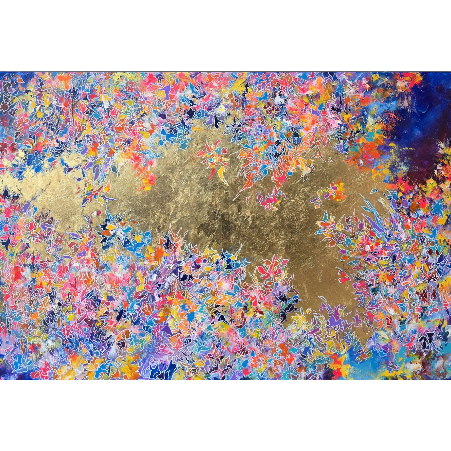 Dream Big, a large abstract original painting by David Kirkman. Featuring bright colours and an overlay of gold leaf