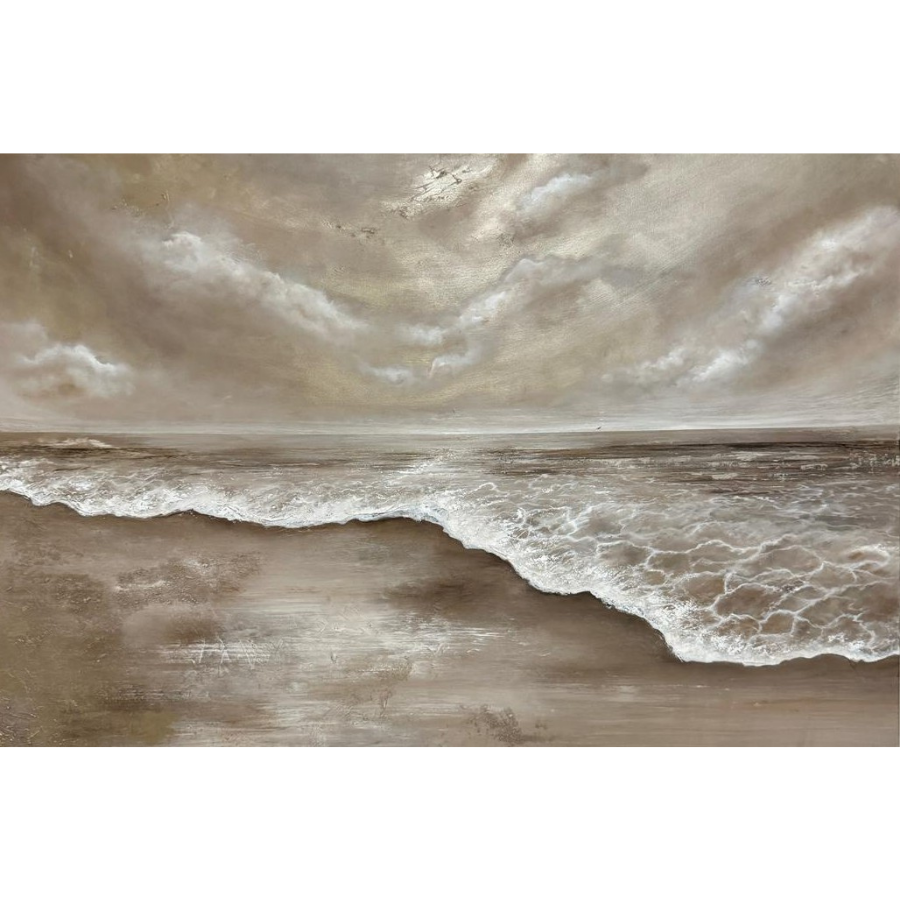The Light Still Shines, Original oil painting by Yharnna. Serene seascape in bronze and gold