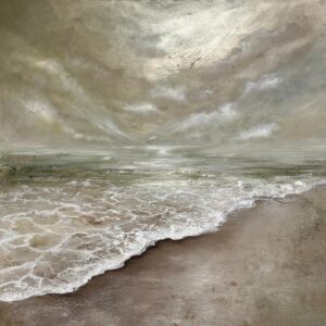 The Calm Beyond original oil painting by Yharnna. Seascape with hue of greens and gold