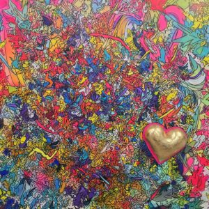 Neon coloured abstract with 3D gold heart. Original art by David Kirkman