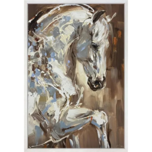 Birchwood by Anna Cher, original expressive painting of a pale horse in soft cream, blue and earthy tones, presented in a white frame.
