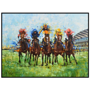 Gold Cup 2026 original horse racing painting by Simon Wright featuring five racehorses and jockeys at Royal Ascot.