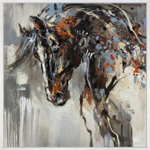 Saffron by Anna Cher, original contemporary horse painting in charcoal, burnt orange, blue and cream, presented in a white frame.